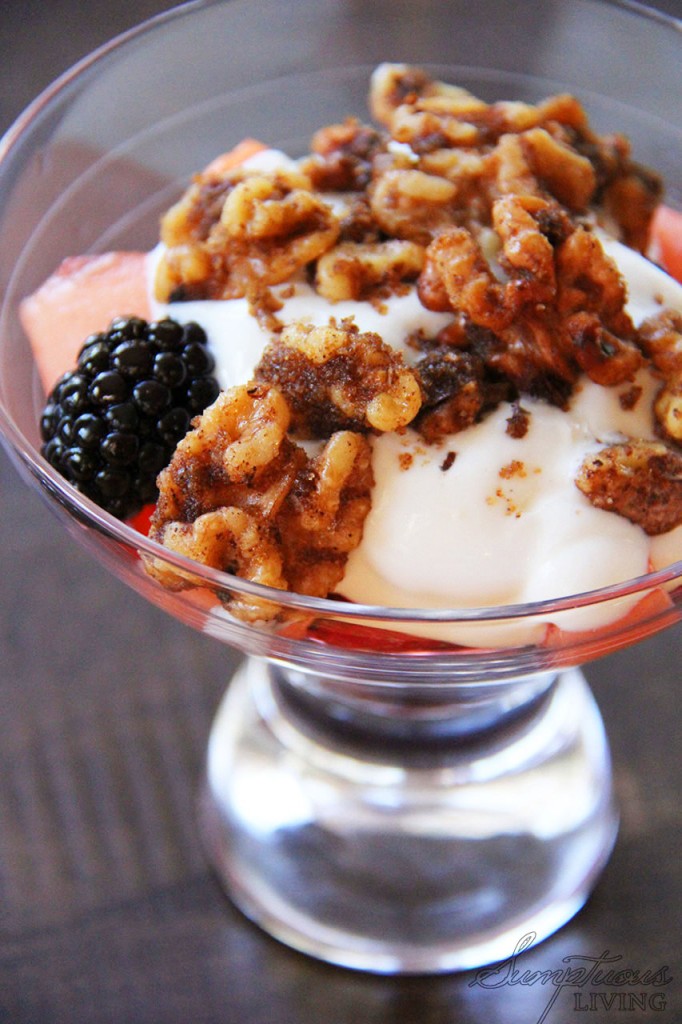 Spiced Candied Walnut top our Fruit Salad with Amaretto Yogurt