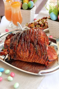 Easter table with Bourbon apricot Glazed Ham
