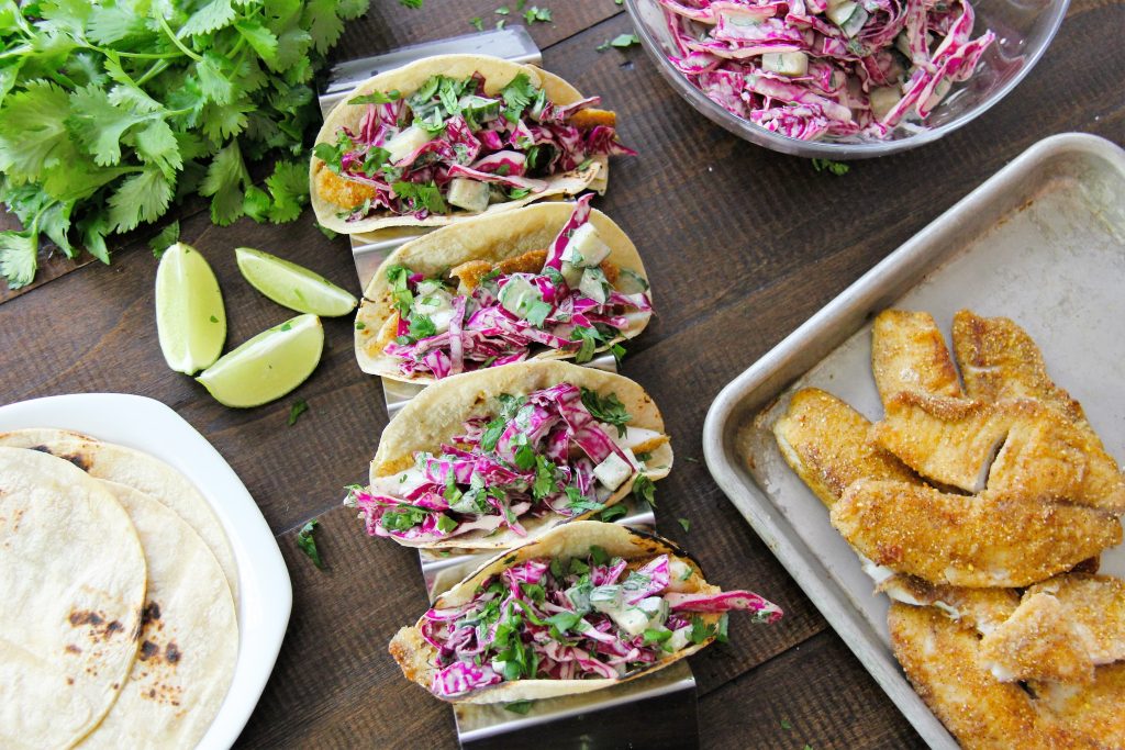 Flaky fish tacos with cucumber slaw