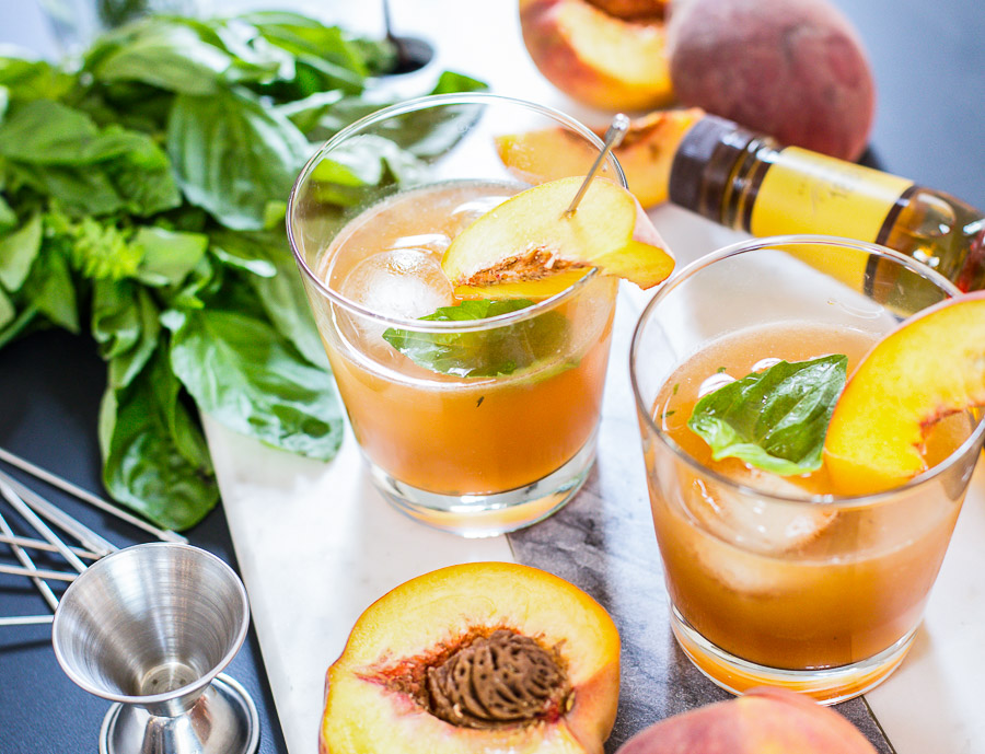 peach basil old fashioned cocktail 