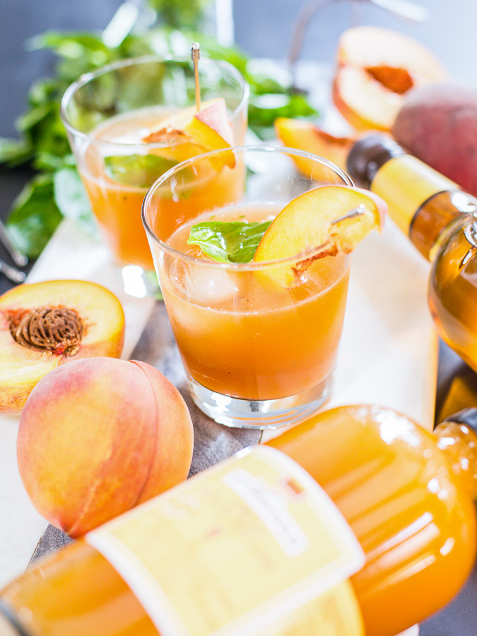 peach basil old fashioned cocktail 